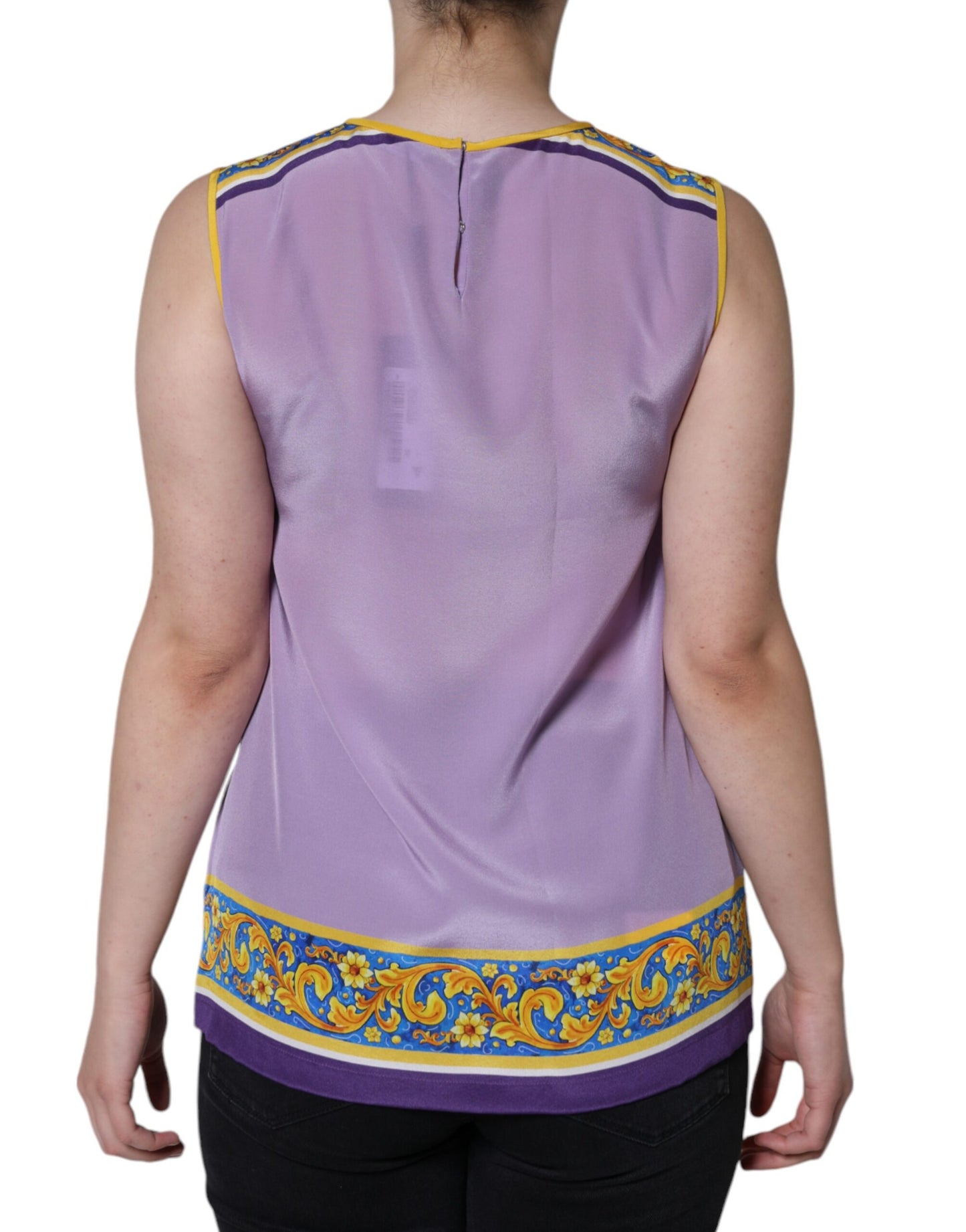 Camiseta sin mangas con estampado de caponata siciliana de seda morada
