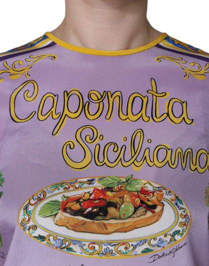 Camiseta sin mangas con estampado de caponata siciliana de seda morada