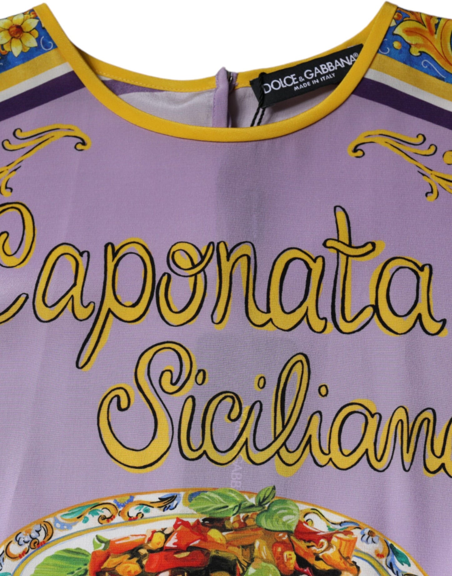 Camiseta sin mangas con estampado de caponata siciliana de seda morada