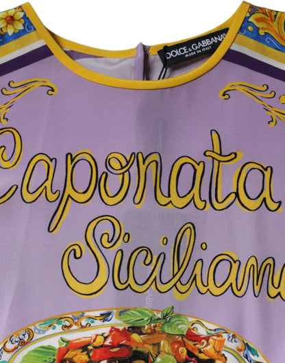 Camiseta sin mangas con estampado de caponata siciliana de seda morada