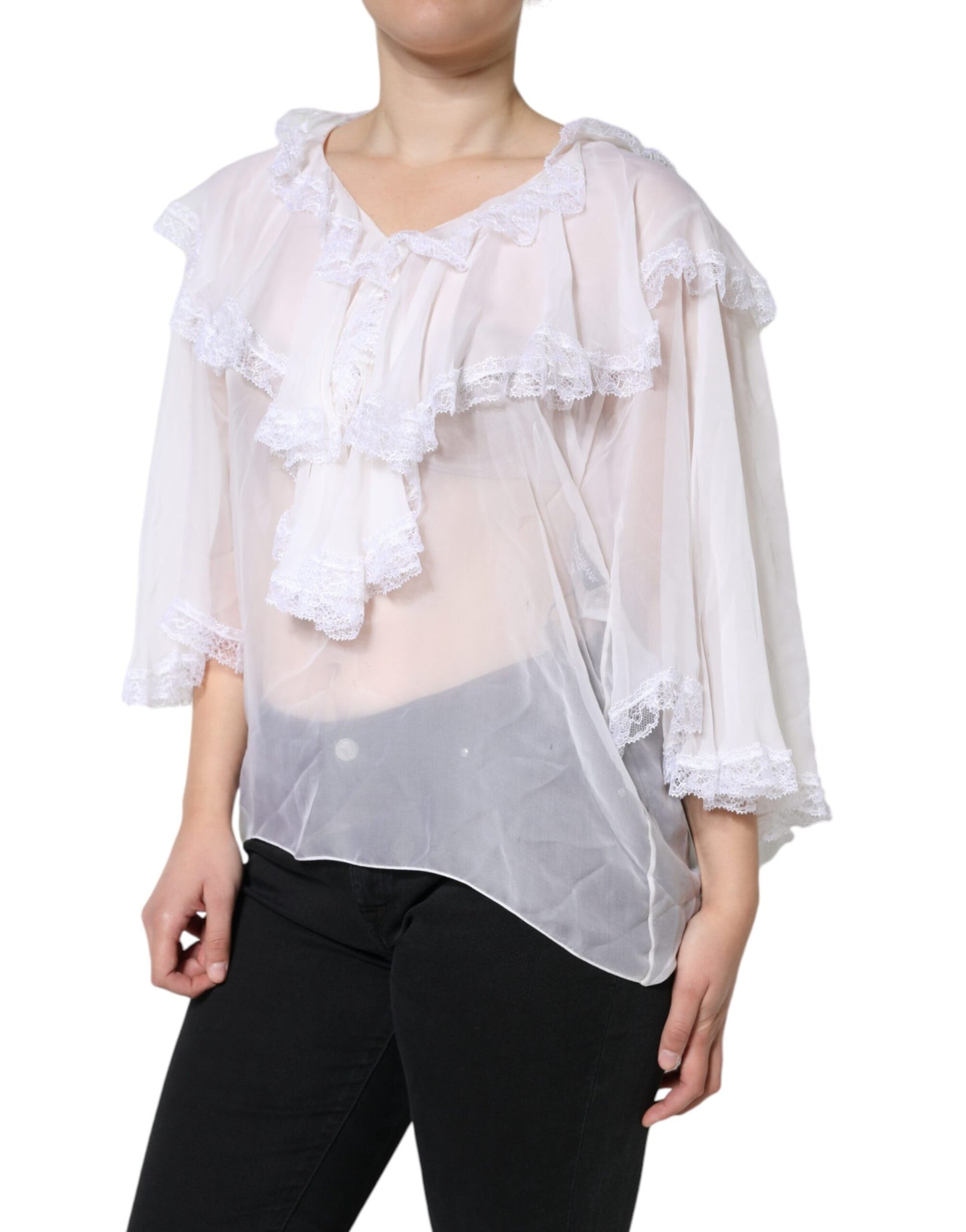 Blusa de manga larga con encaje y volantes blancos