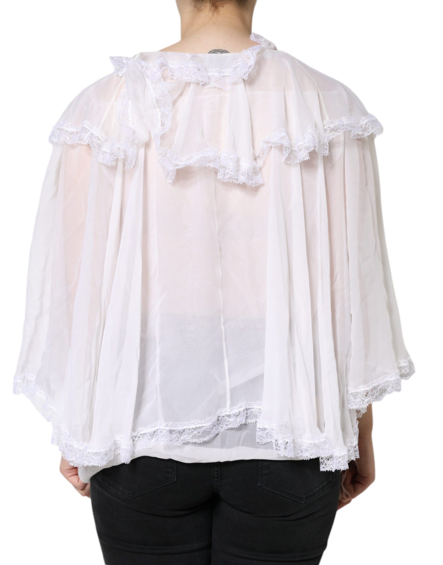 Blusa de manga larga con encaje y volantes blancos
