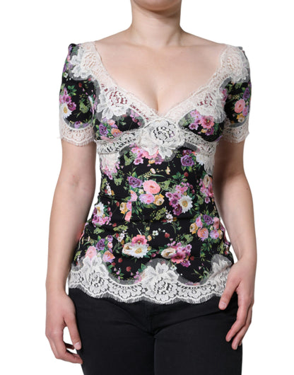 Blusa de manga corta con encaje floral negro