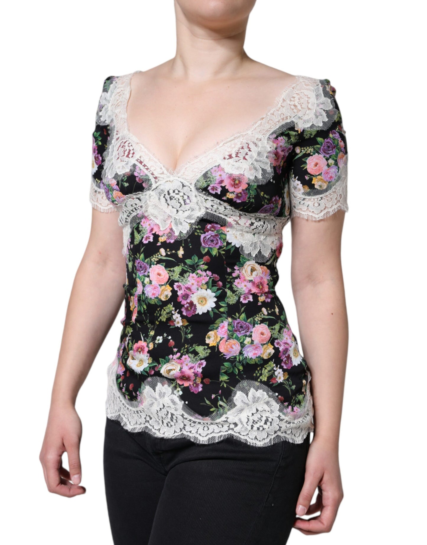Blusa de manga corta con encaje floral negro