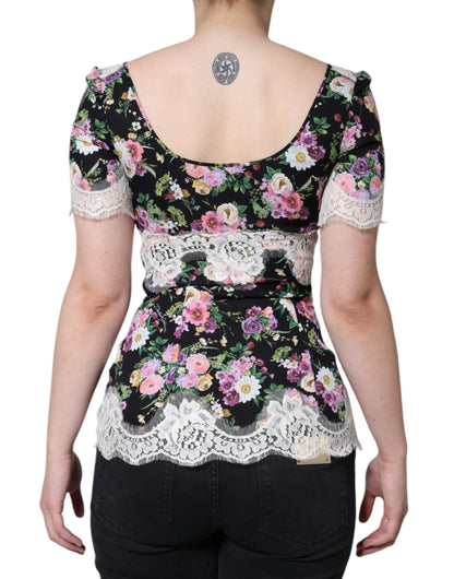 Blusa de manga corta con encaje floral negro