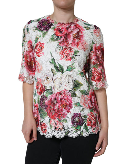 Blusa de manga corta con encaje de peonía blanca
