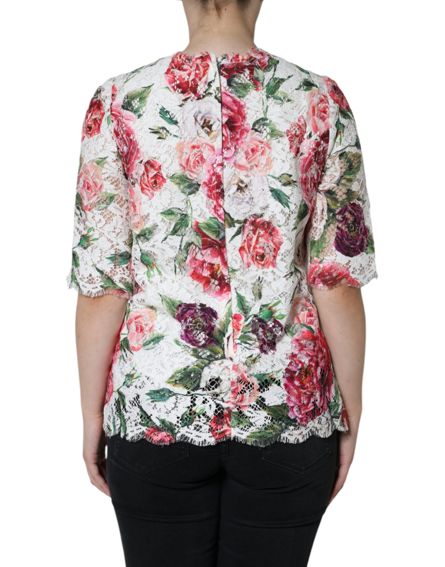Blusa de manga corta con encaje de peonía blanca