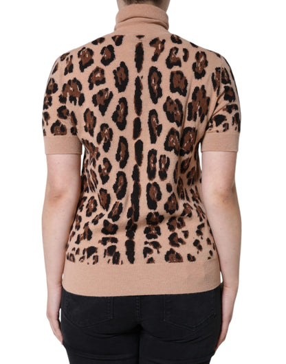 Top de cuello alto de lana con estampado de leopardo beige