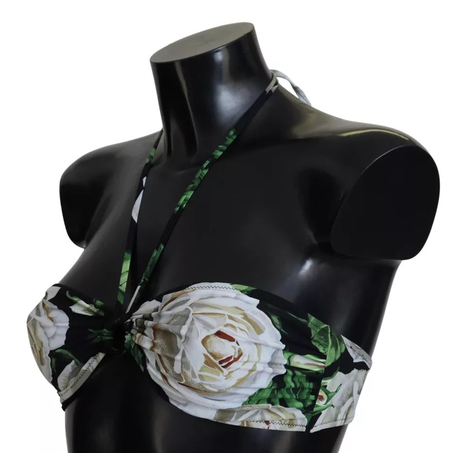 Top de bikini estilo halter con estampado floral negro para playa