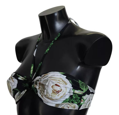 Top de bikini estilo halter con estampado floral negro para playa