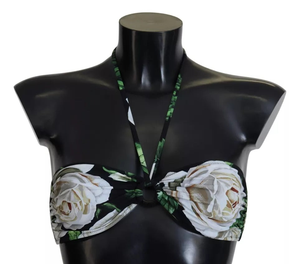 Top de bikini estilo halter con estampado floral negro para playa