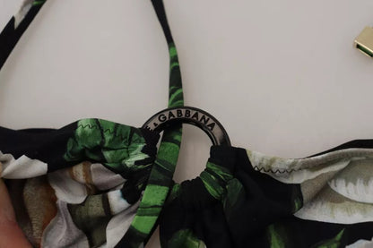 Top de bikini estilo halter con estampado floral negro para playa