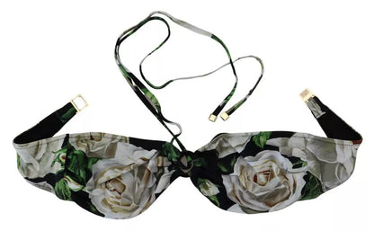 Top de bikini estilo halter con estampado floral negro para playa