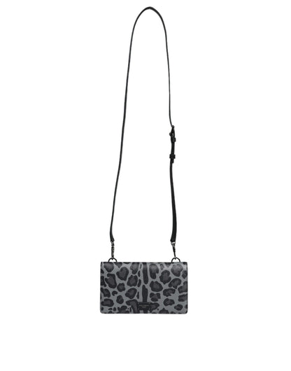 Bolso bandolera plegable con ranura para tarjetas de piel de leopardo gris y negro