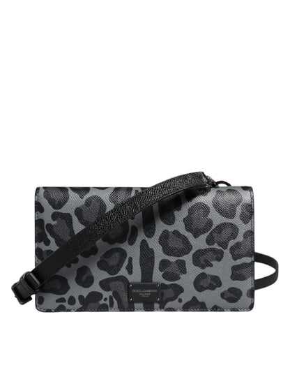 Bolso bandolera plegable con ranura para tarjetas de piel de leopardo gris y negro