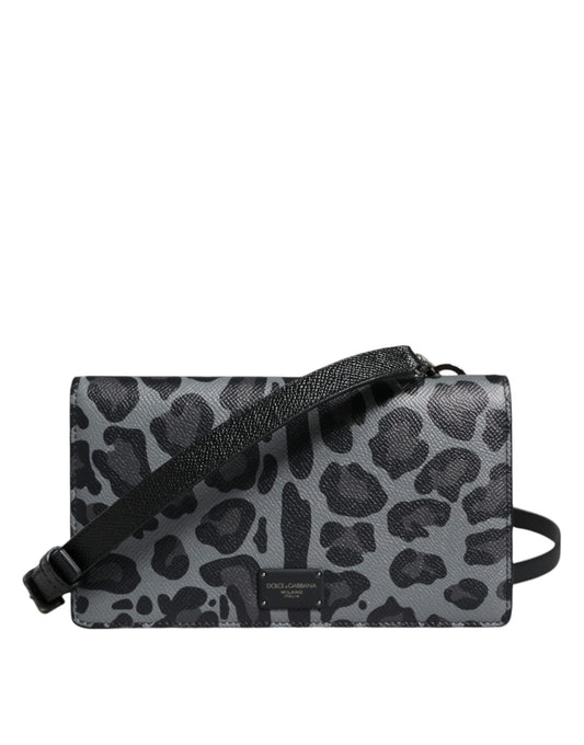 Bolso bandolera plegable con ranura para tarjetas de piel de leopardo gris y negro