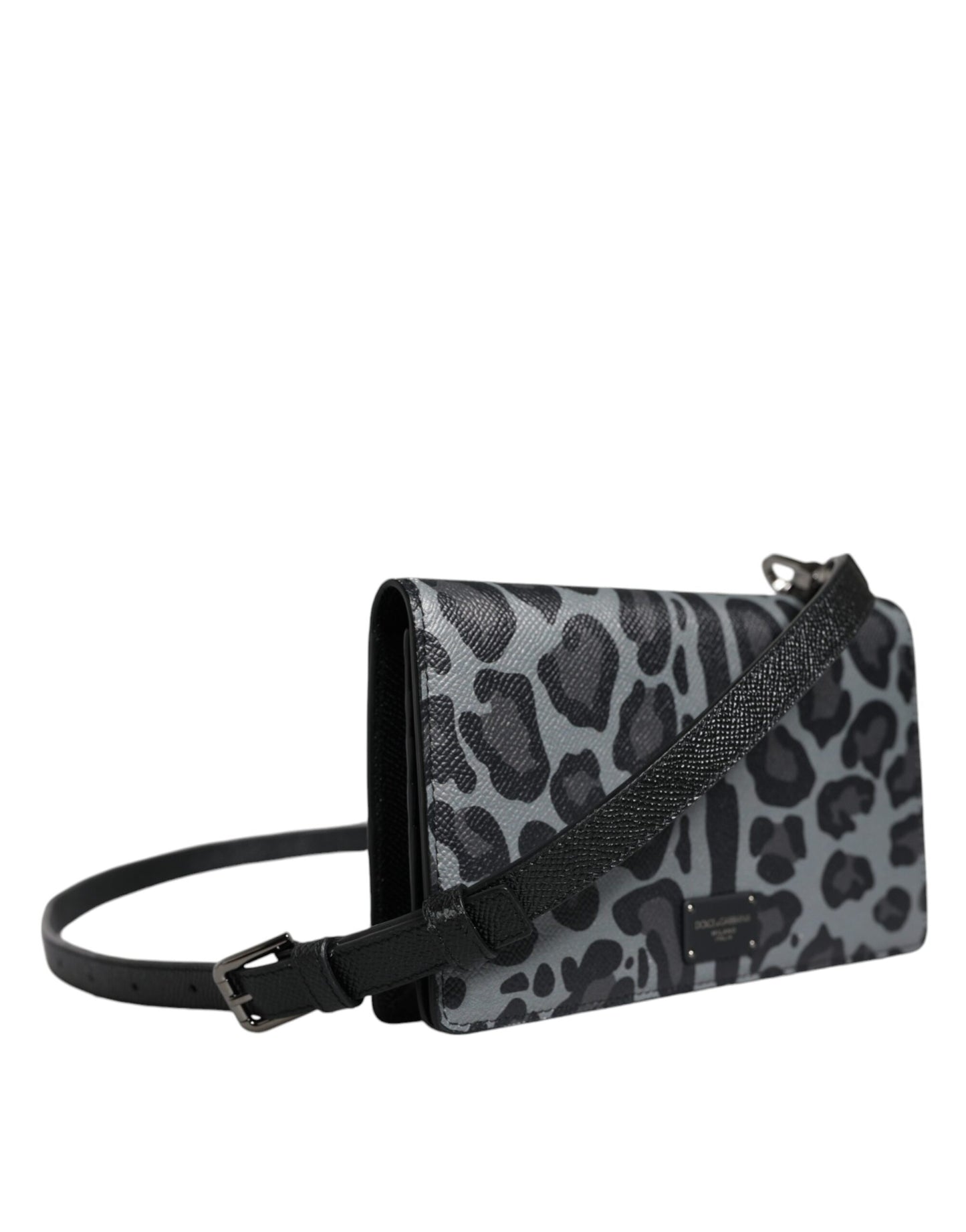 Bolso bandolera plegable con ranura para tarjetas de piel de leopardo gris y negro