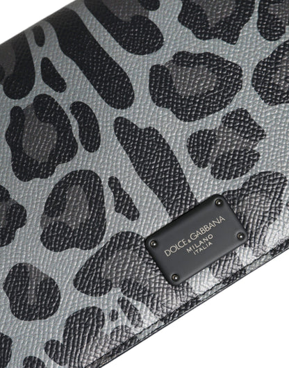Bolso bandolera plegable con ranura para tarjetas de piel de leopardo gris y negro