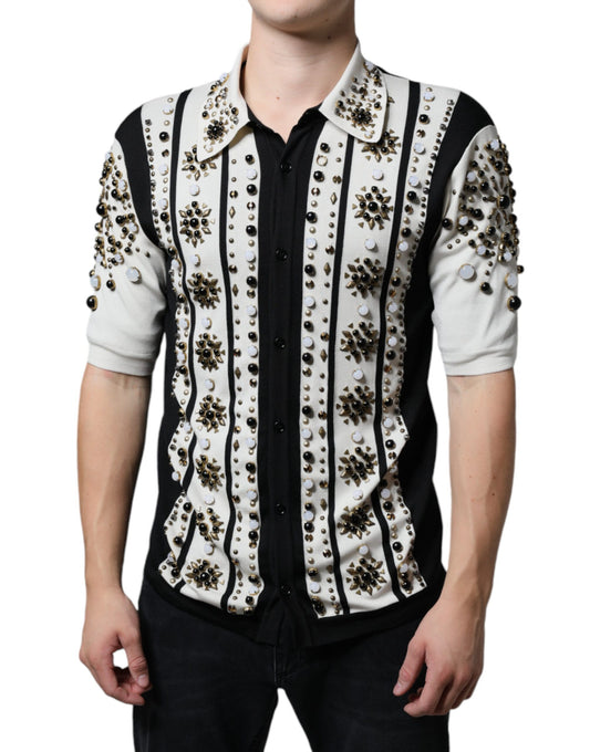 Camisa de seda blanca y negra con cristales tachonados