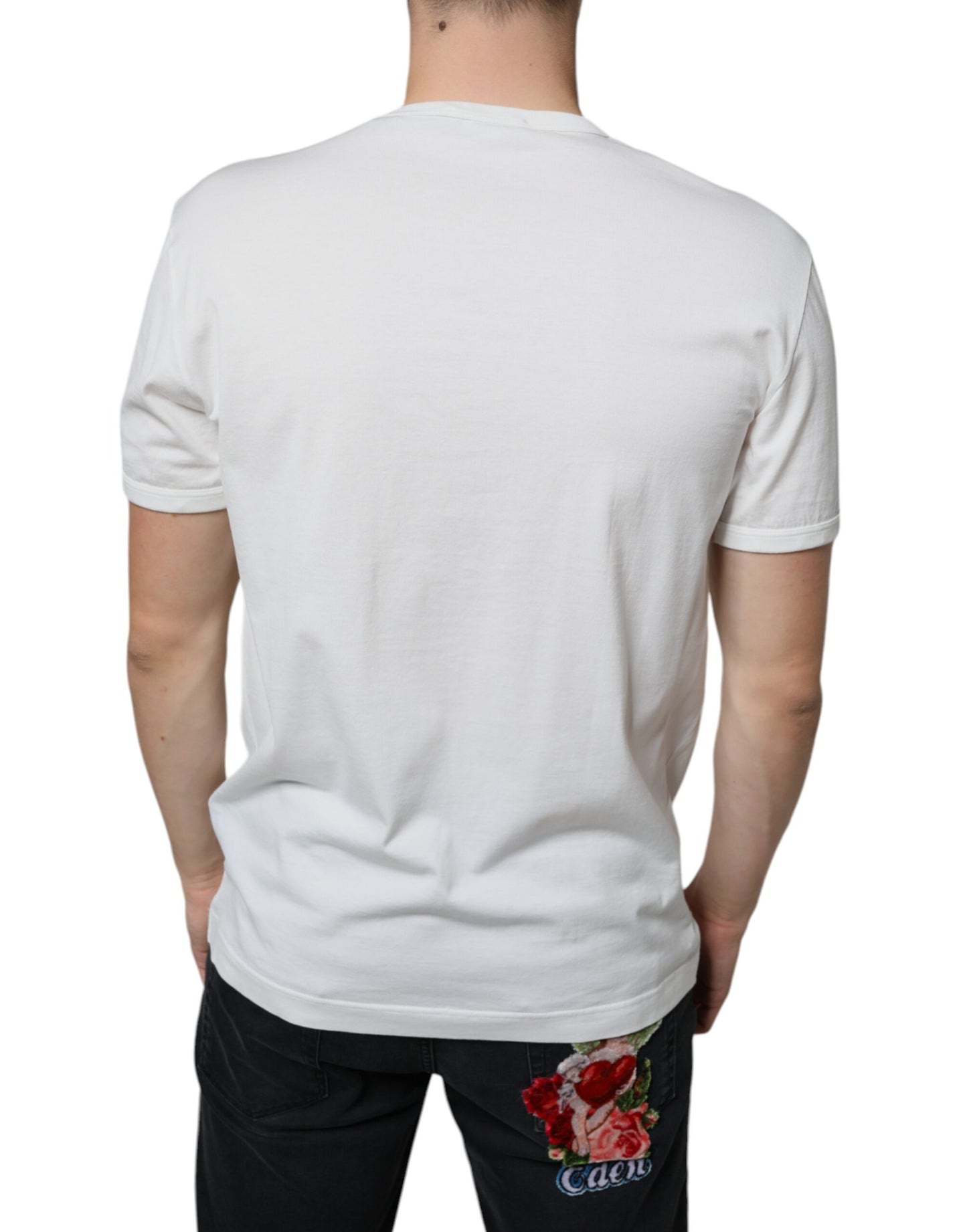 Camiseta de cuello redondo de algodón con logotipo blanco en relieve