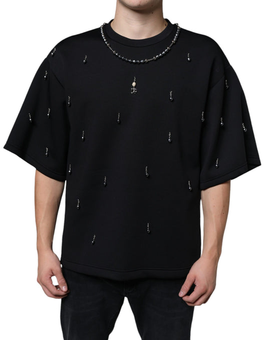 Camiseta negra de poliéster con collar adornado