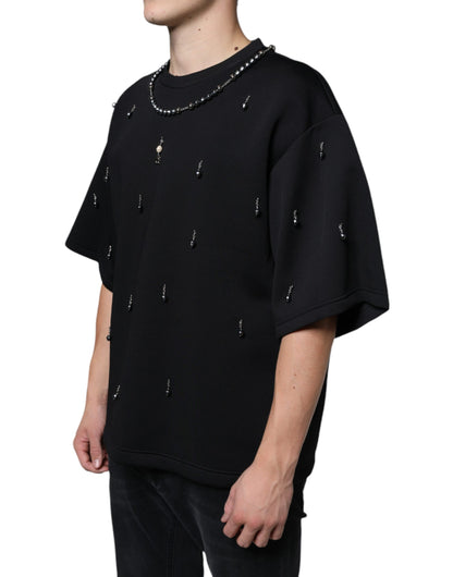 Camiseta negra de poliéster con collar adornado