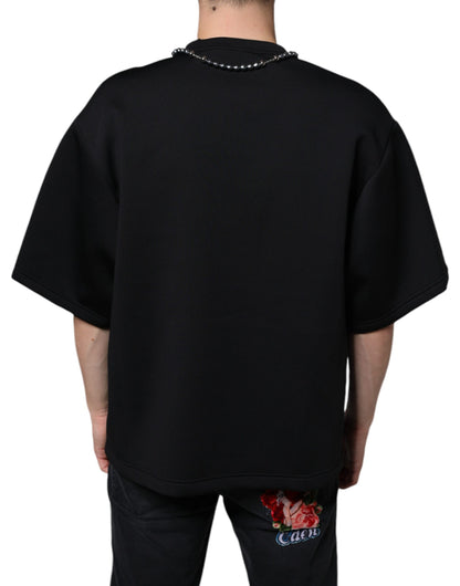 Camiseta negra de poliéster con collar adornado