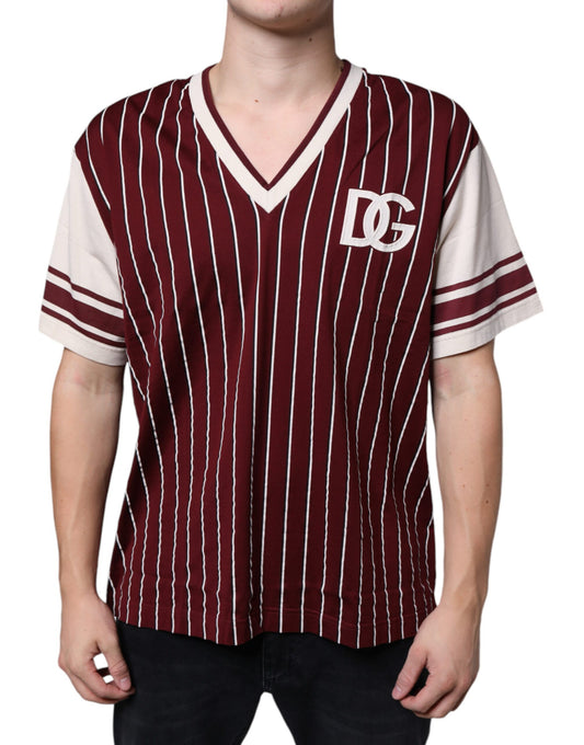 Camiseta de algodón con cuello en V y logotipo de rayas granates