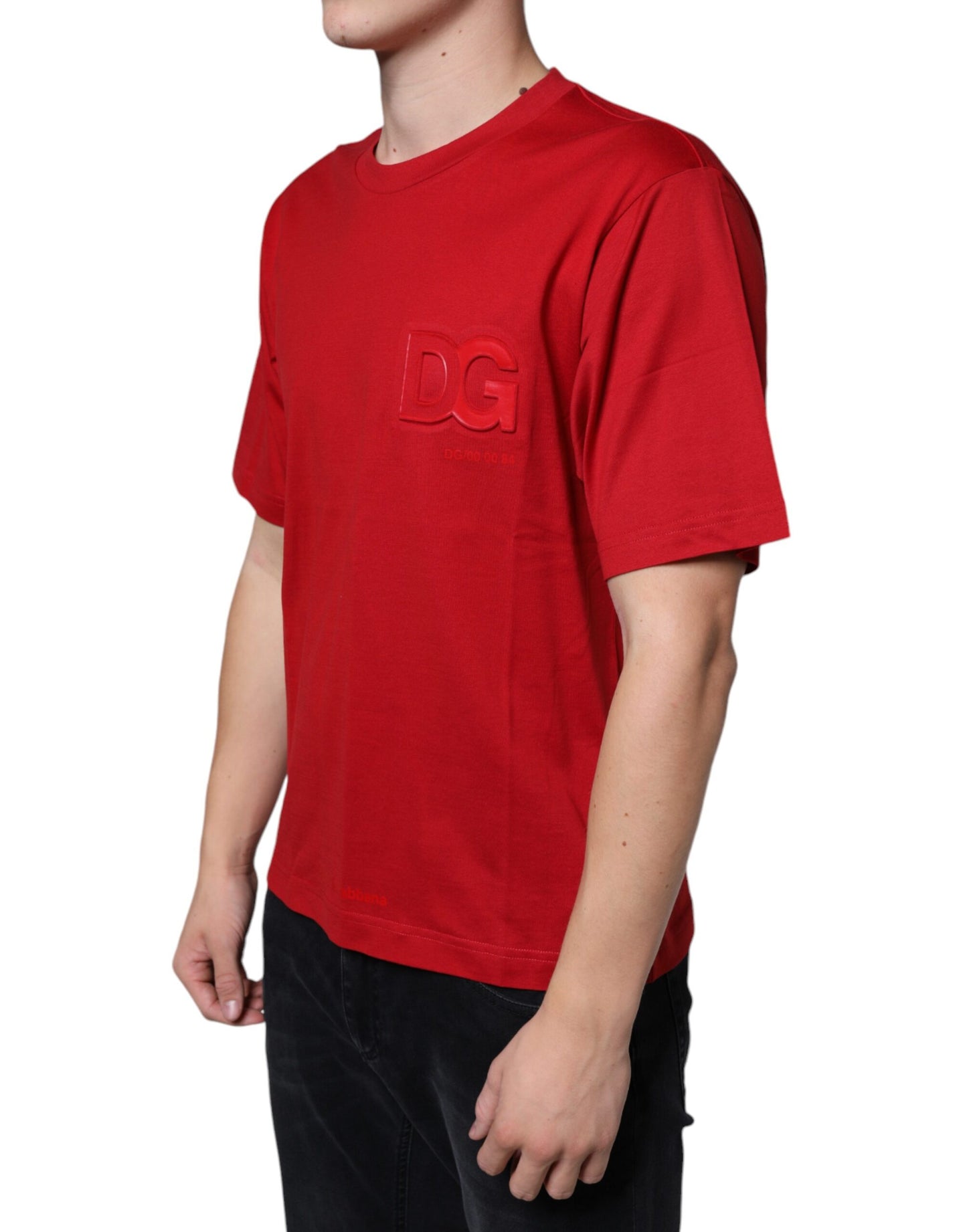 Camiseta de algodón roja con cuello redondo y estampado del logotipo DG