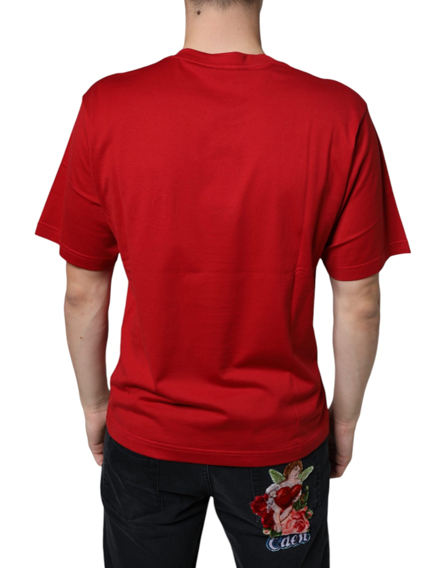 Camiseta de algodón roja con cuello redondo y estampado del logotipo DG