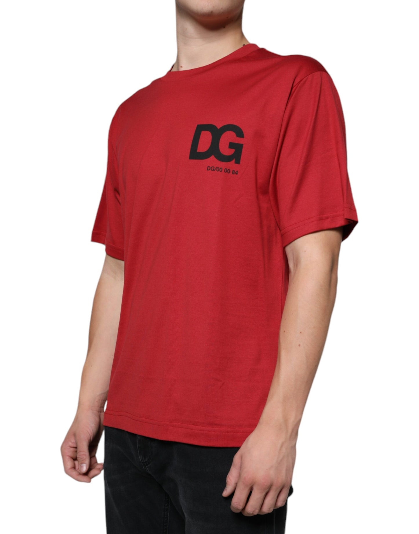 Camiseta de algodón roja con cuello redondo y estampado del logotipo DG