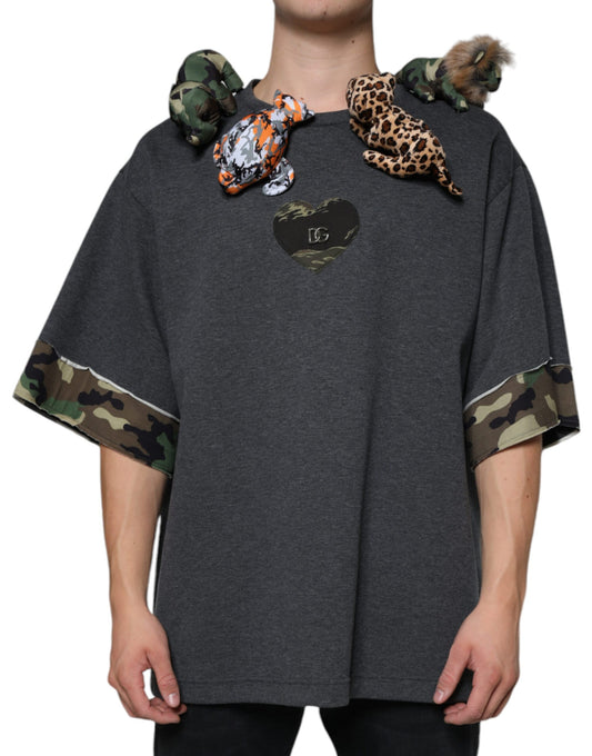 Camiseta de algodón con estampado de animales y camuflaje gris