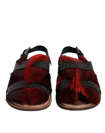 Sandalias de piel con pelo de gacela, color negro y rojo