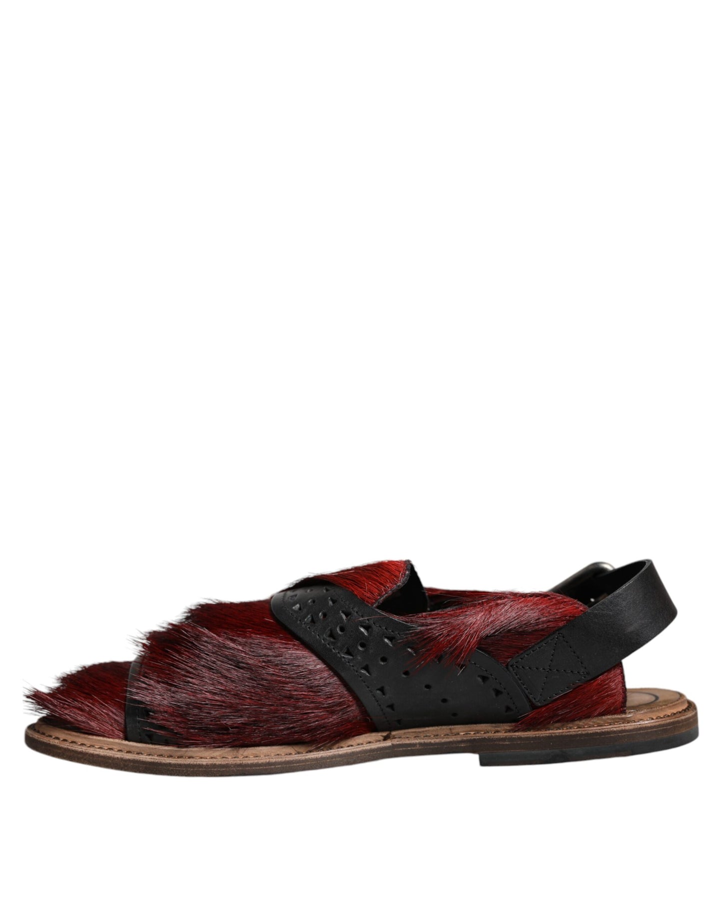 Sandalias de piel con pelo de gacela, color negro y rojo