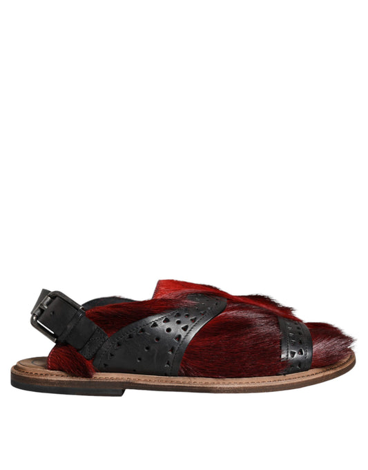 Sandalias de piel con pelo de gacela, color negro y rojo