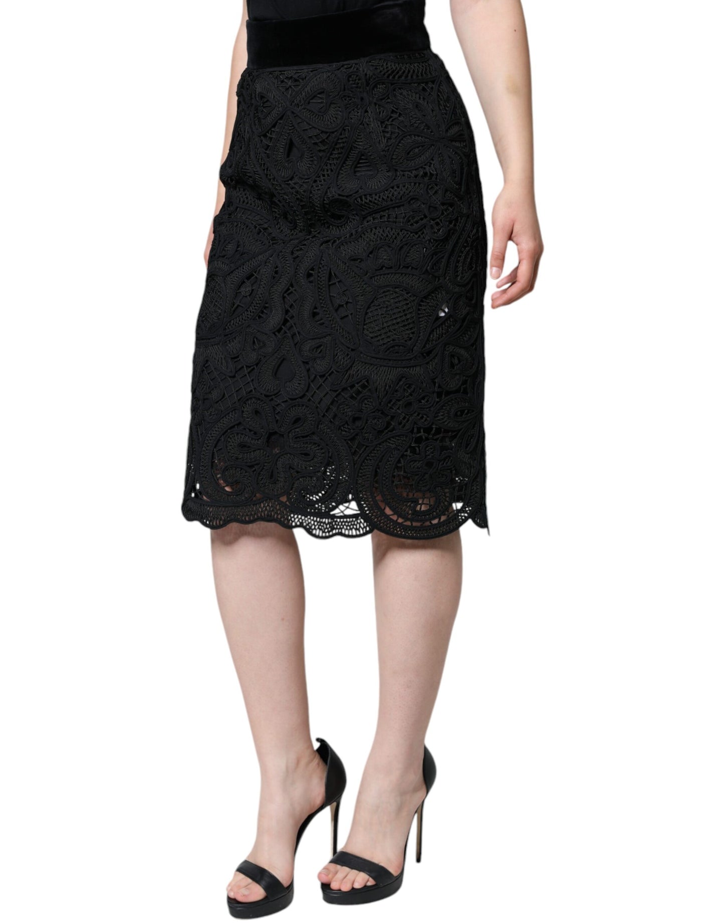 Falda tubo de cintura alta con encaje floral negro