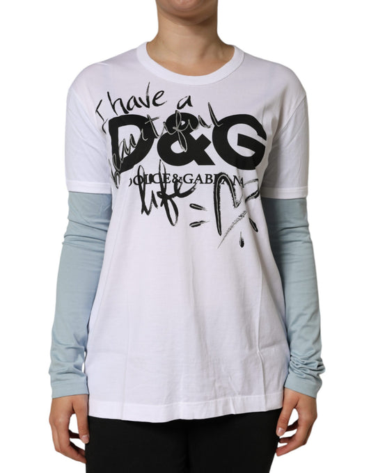 Camiseta de algodón blanca con cuello redondo y estampado de logotipo