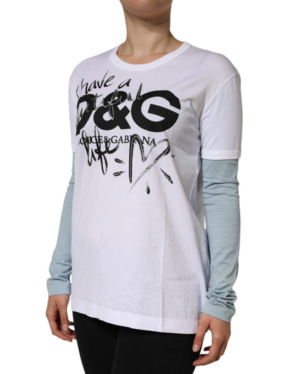 Camiseta de algodón blanca con cuello redondo y estampado de logotipo