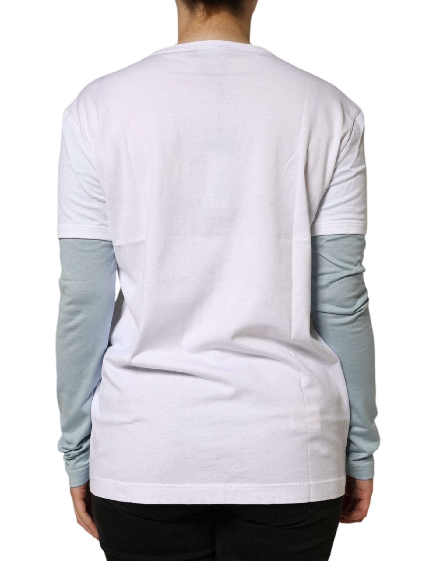 Camiseta de algodón blanca con cuello redondo y estampado de logotipo