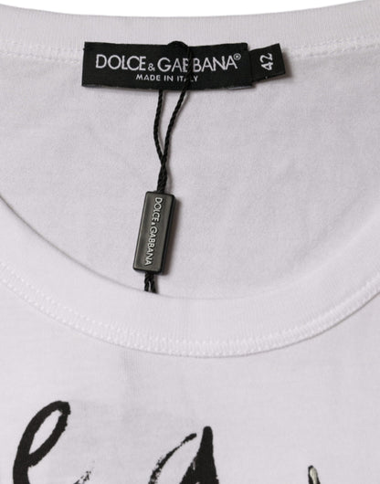 Camiseta de algodón blanca con cuello redondo y estampado de logotipo