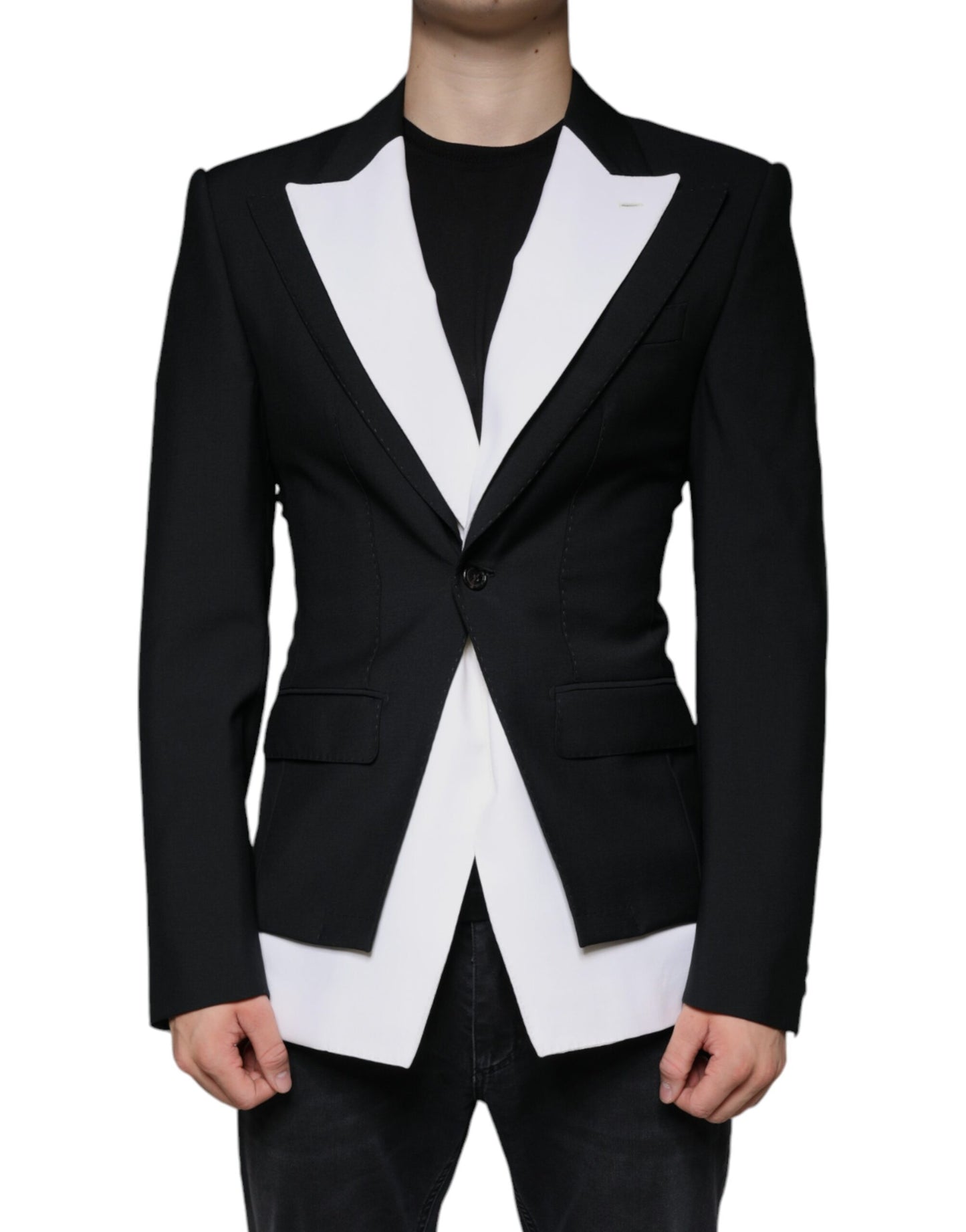 Blazer de vestir blanco y negro de botonadura sencilla
