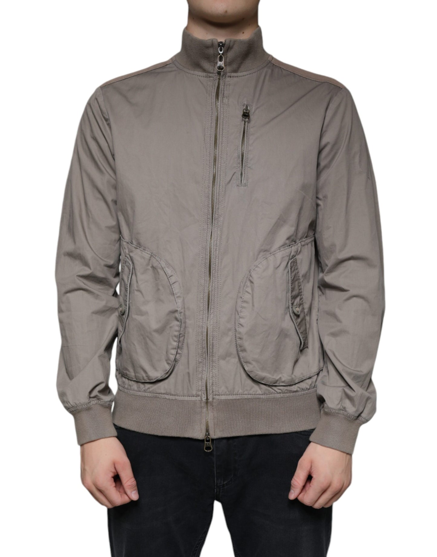 Chaqueta bomber de algodón marrón con cremallera completa y logotipo