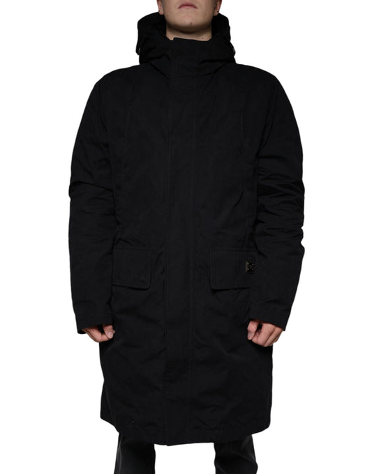 Chaqueta tipo gabardina de algodón tipo parka con capucha negra