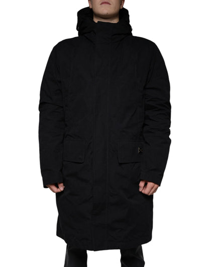 Chaqueta tipo gabardina de algodón tipo parka con capucha negra
