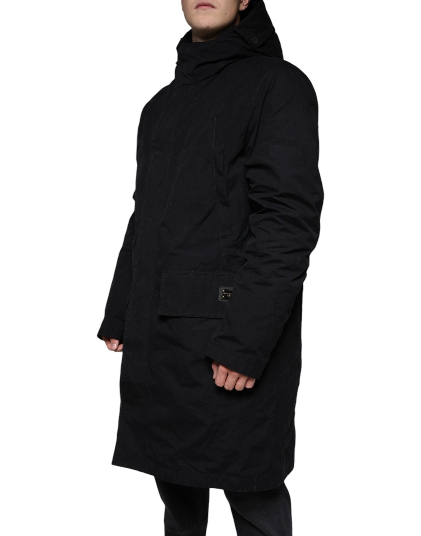 Chaqueta tipo gabardina de algodón tipo parka con capucha negra