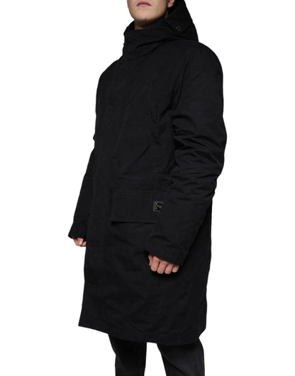 Chaqueta tipo gabardina de algodón tipo parka con capucha negra
