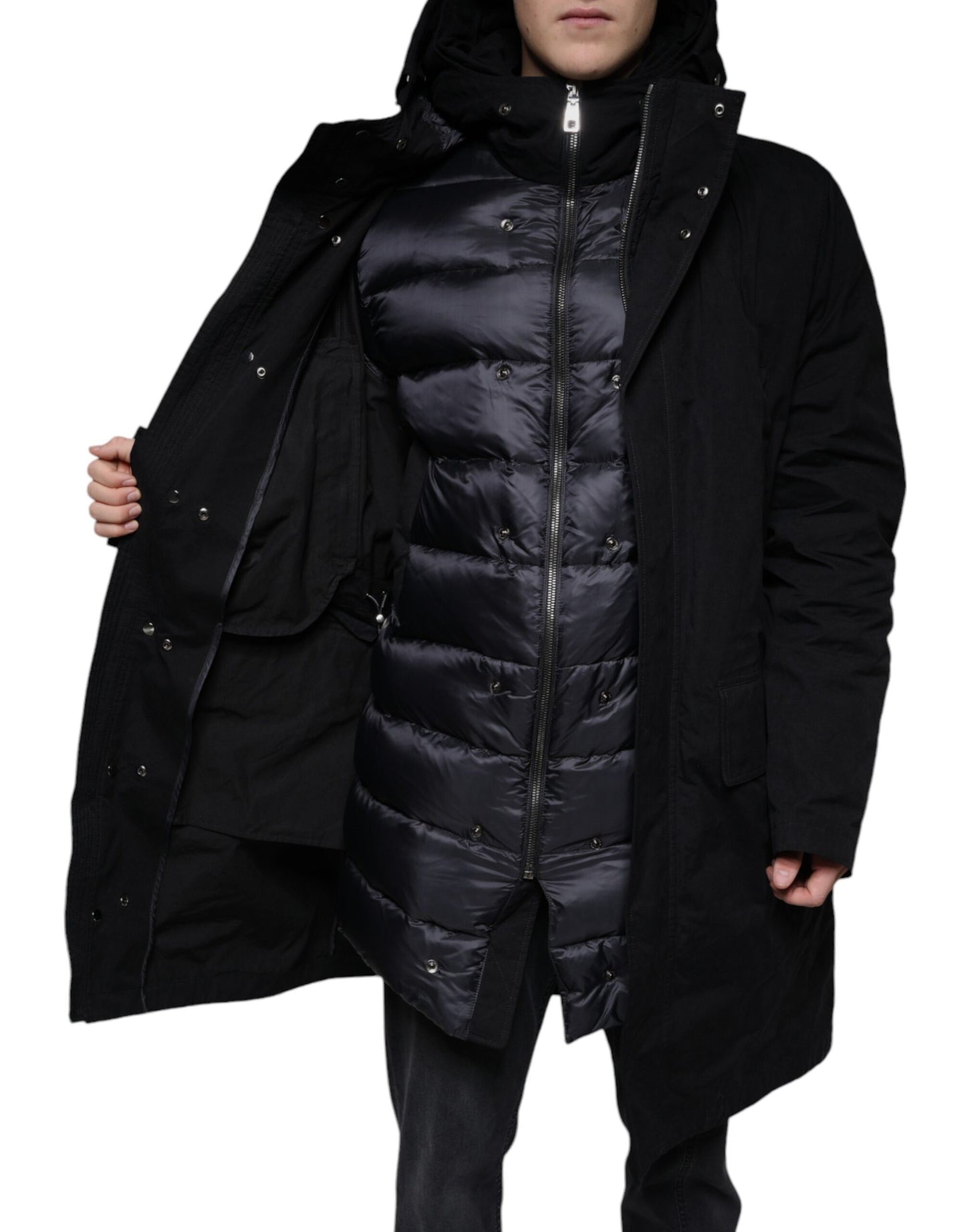 Chaqueta tipo gabardina de algodón tipo parka con capucha negra