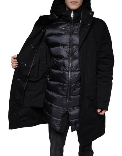 Chaqueta tipo gabardina de algodón tipo parka con capucha negra