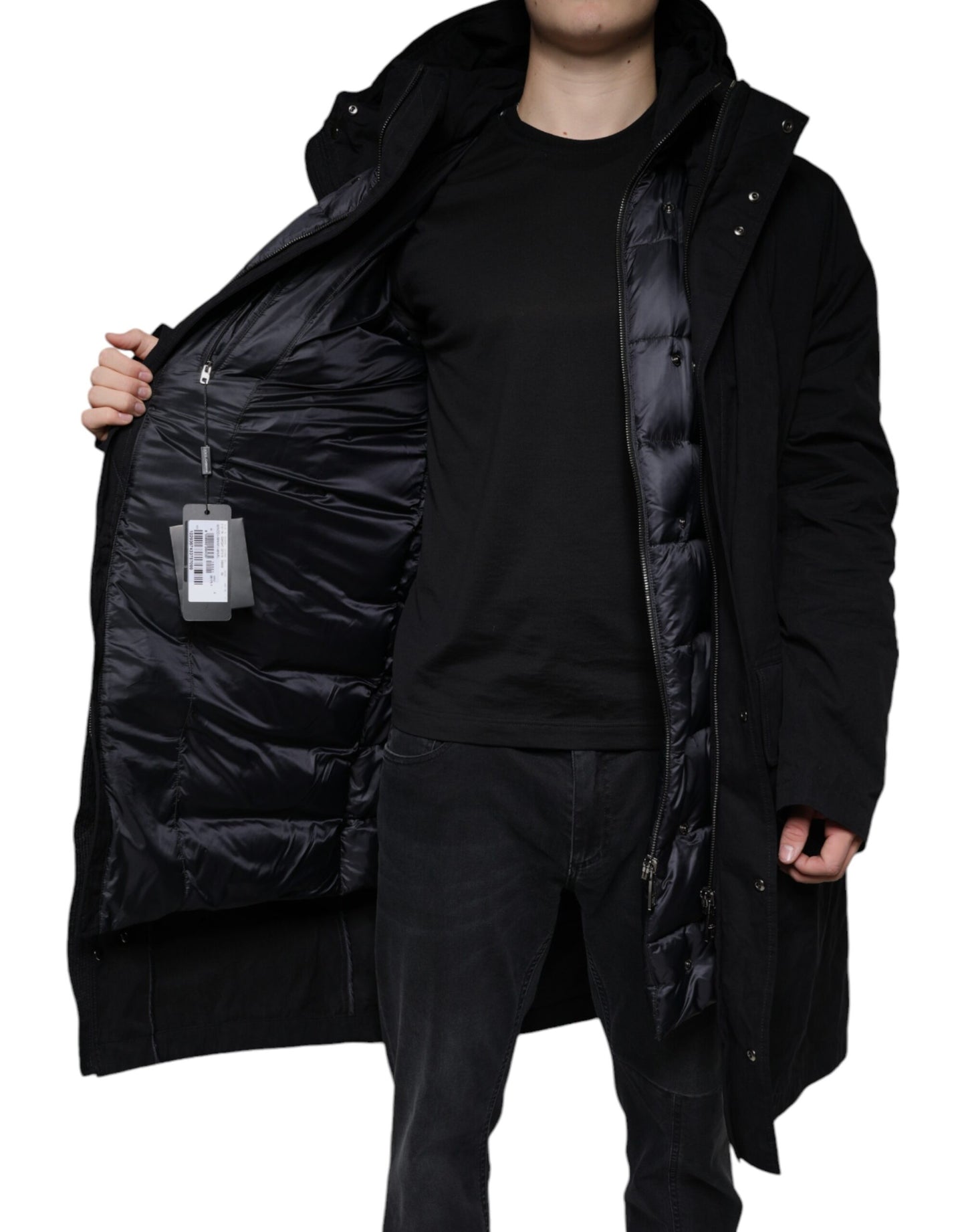 Chaqueta tipo gabardina de algodón tipo parka con capucha negra