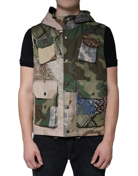 Chaqueta chaleco con capucha y parches multicolores